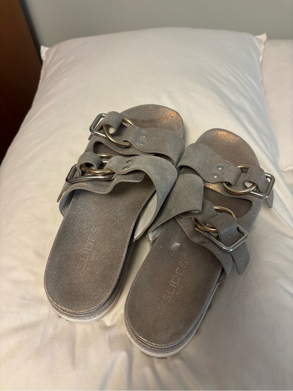 J/Slides Metallic Taupe Double-Buckle Slide Sandals